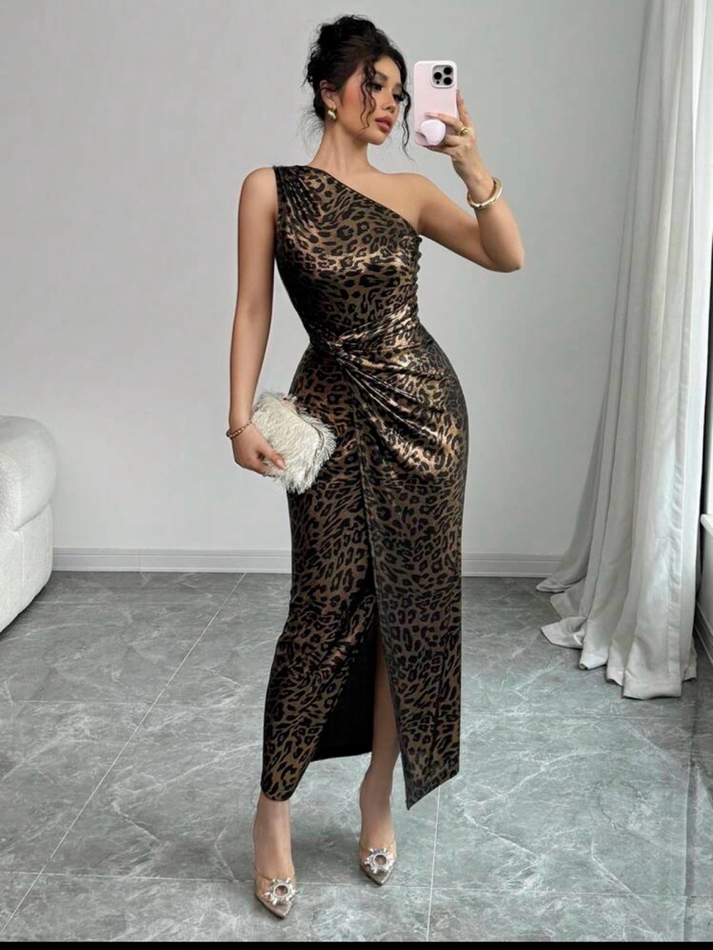 One-Shoulder Leopard Print Evening Dress